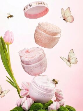 P. Louise  3 pc Bath/Body Care Set. Pink Marshmallow. Salts/Scrub/Lotion.  NEW